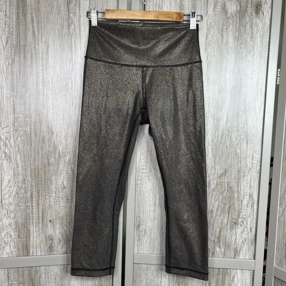 Lululemon Wunder Under Crop Leggings Luminosity High Rise Black Copper Foil Sz 6